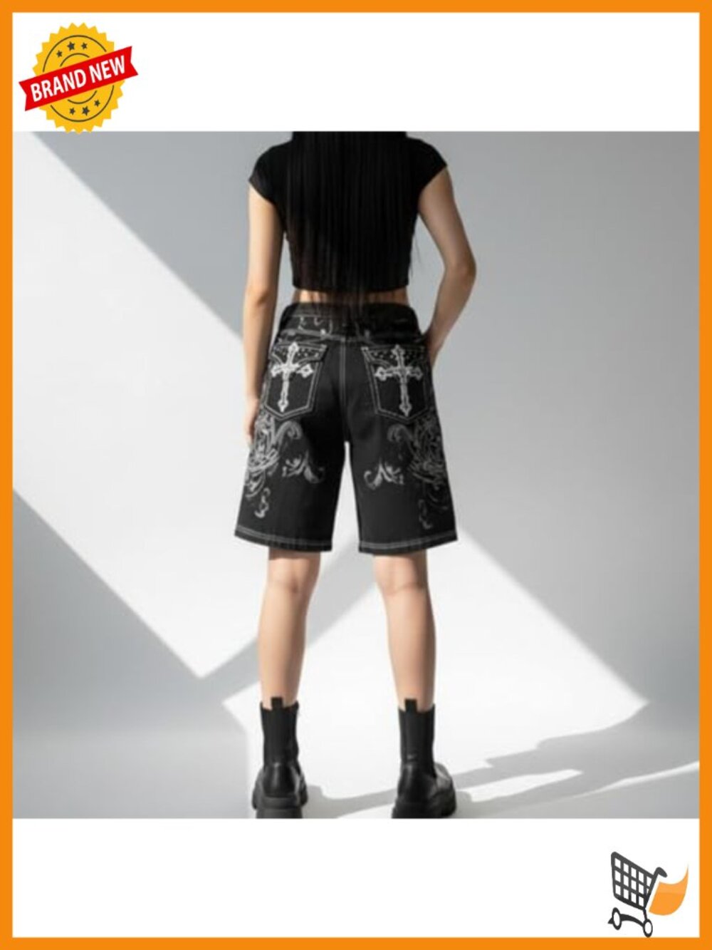 Y2K Striped Grunge Jean Shorts Wide Leg Streetwear Skater 2000S - Picture 3 of 5